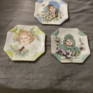 Vintage Floral Children Decorative Ceramic Plates - Set of 3.